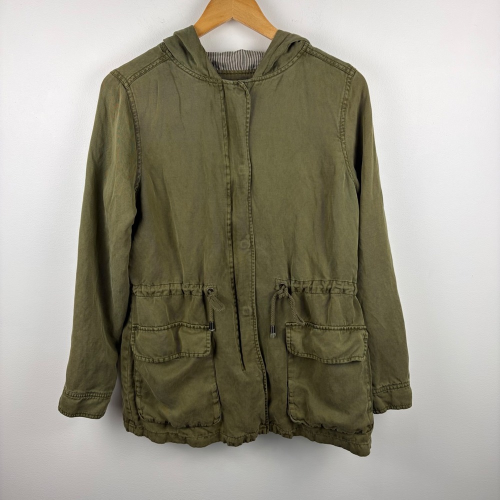 Matty M Womens Olive Green Linen Hooded Utility‎ Jacket Size M Chic Casual Style
